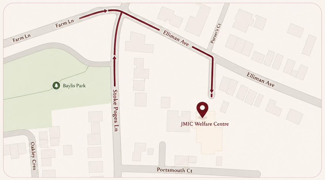 Map showing the route to parking at JMIC Welfare Centre