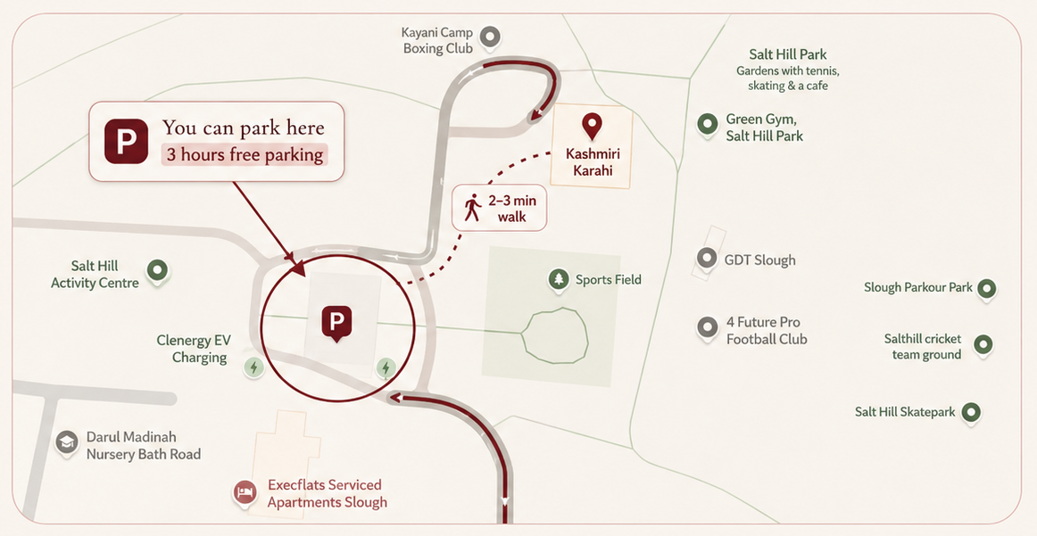 Map showing free parking near Kashmiri Karahi at Salt Hill Park